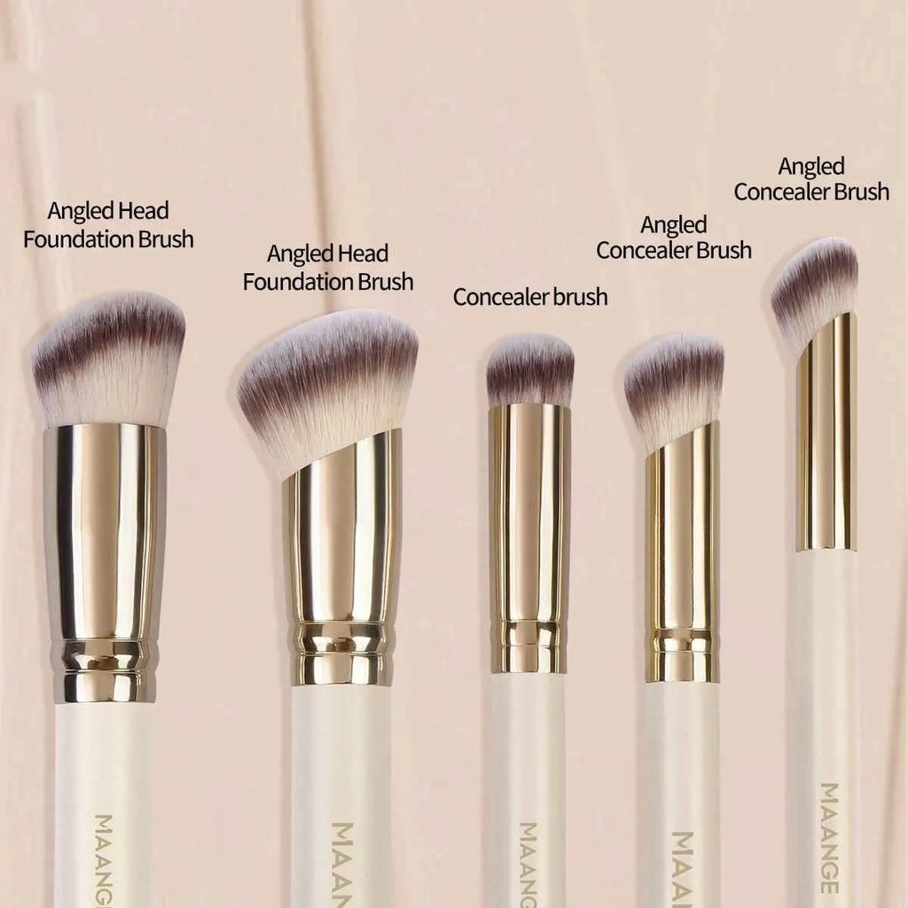 Apricot coloured 5-piece angled makeup brush set with synthetic bristles for powder and blush application