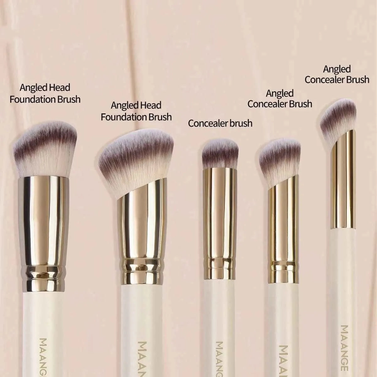 Apricot coloured 5-piece angled makeup brush set with synthetic bristles for powder and blush application