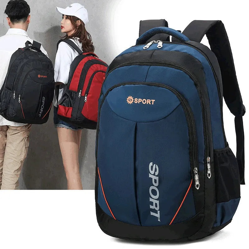 Breathable nylon backpack for men with 20-35L capacity, curved shoulder strap, and letter design in gray