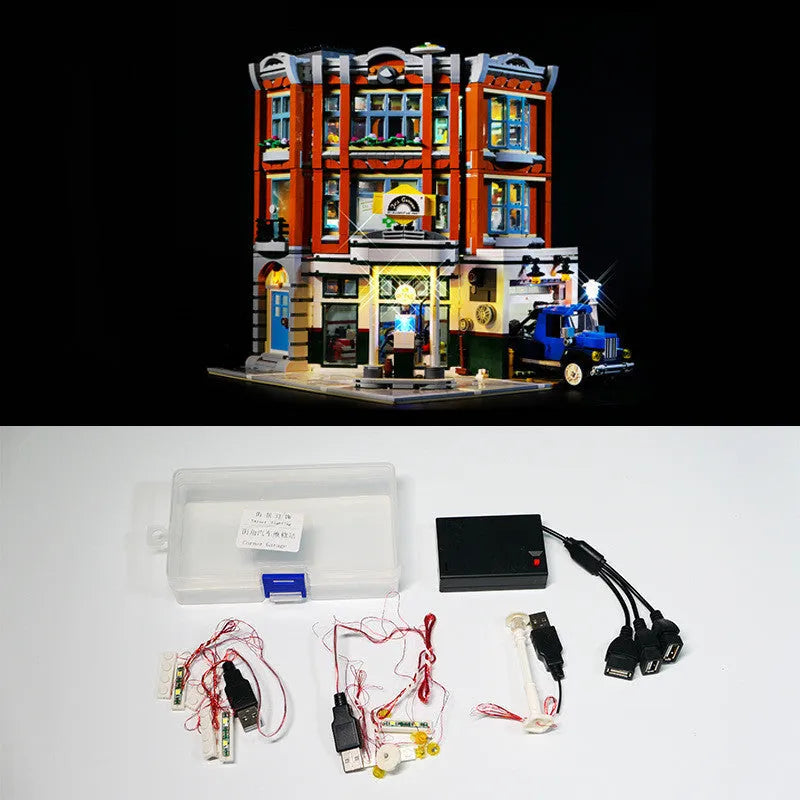 MOC LED lighting accessories kit with plastic components for architectural model corner shop lighting effects