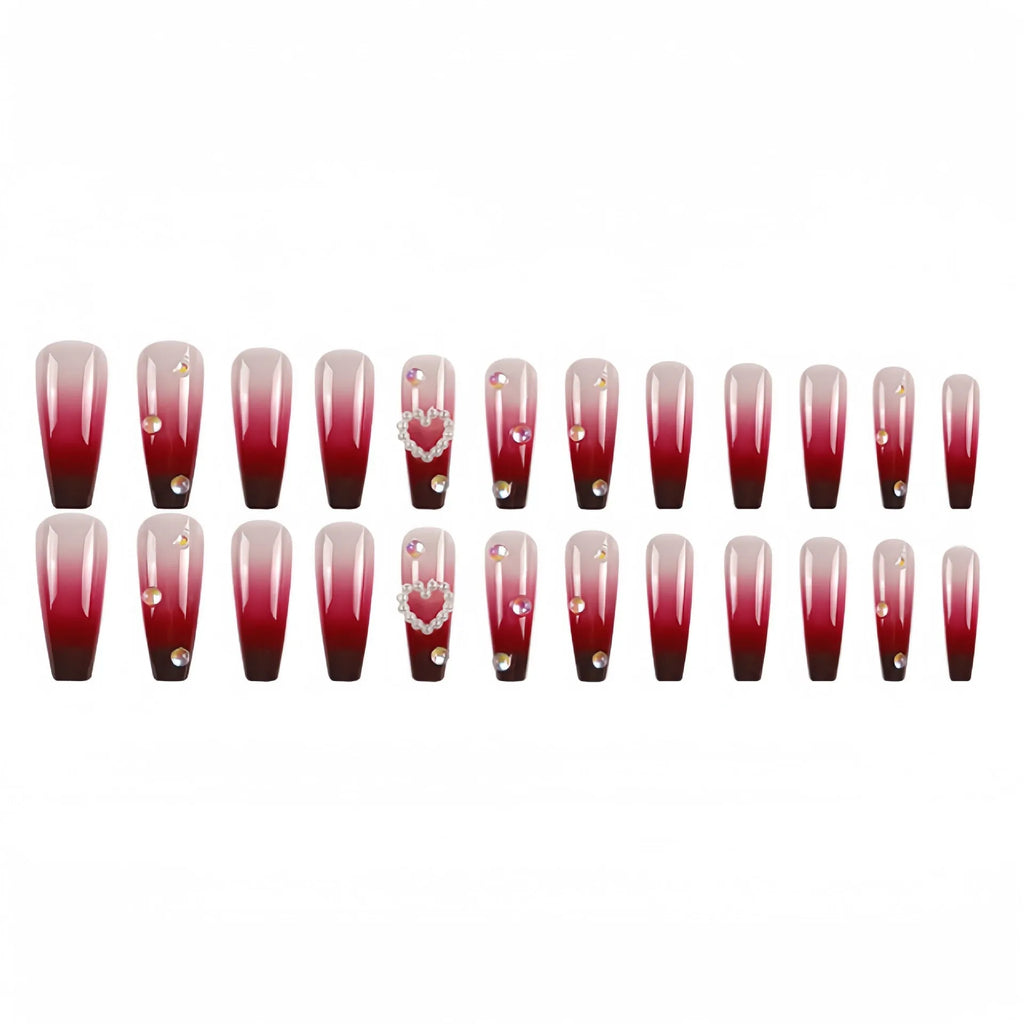 Wine red gradient fake nail tips with pearl heart design and plaid pattern in long ballet style
