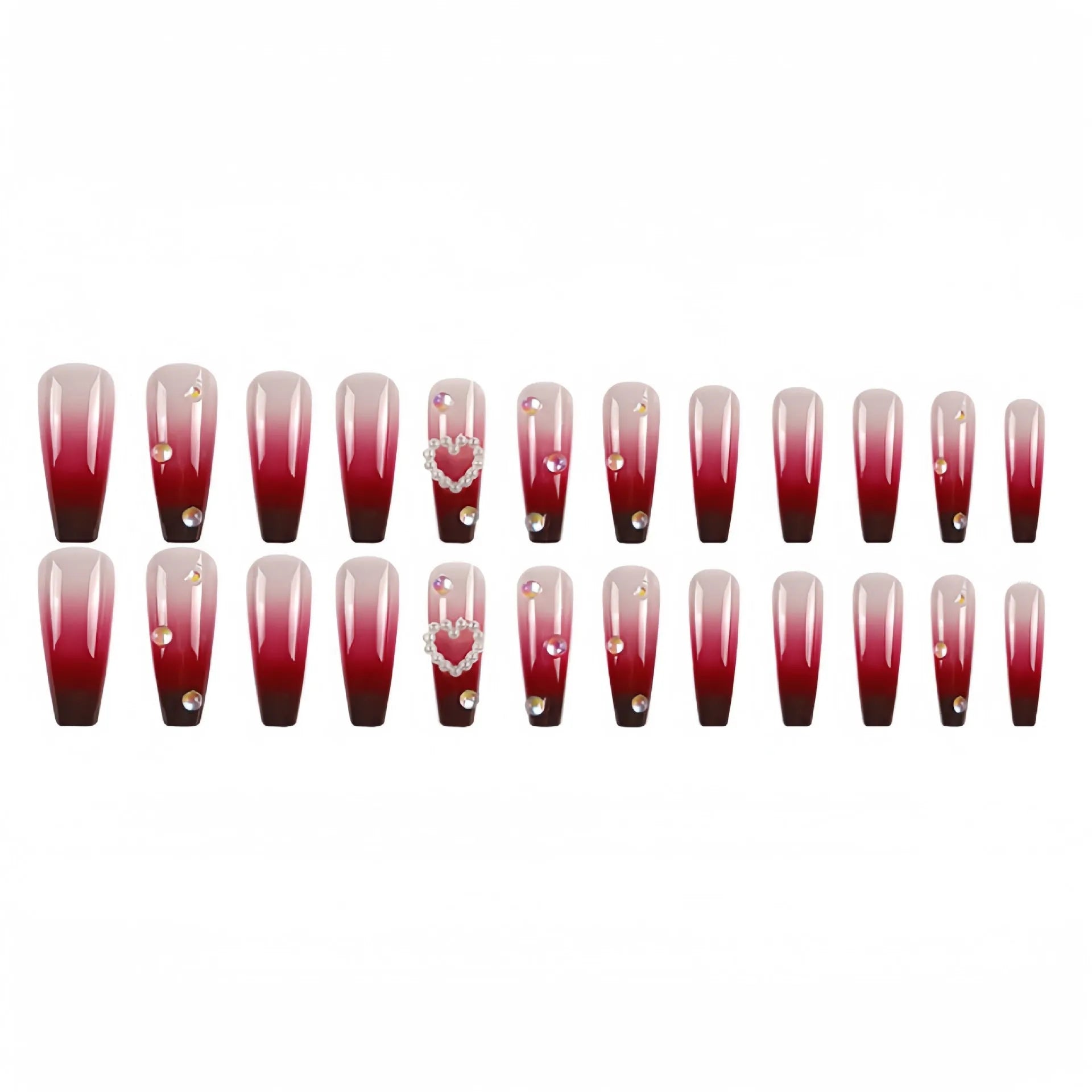 Wine red gradient fake nail tips with pearl heart design and plaid pattern in long ballet style