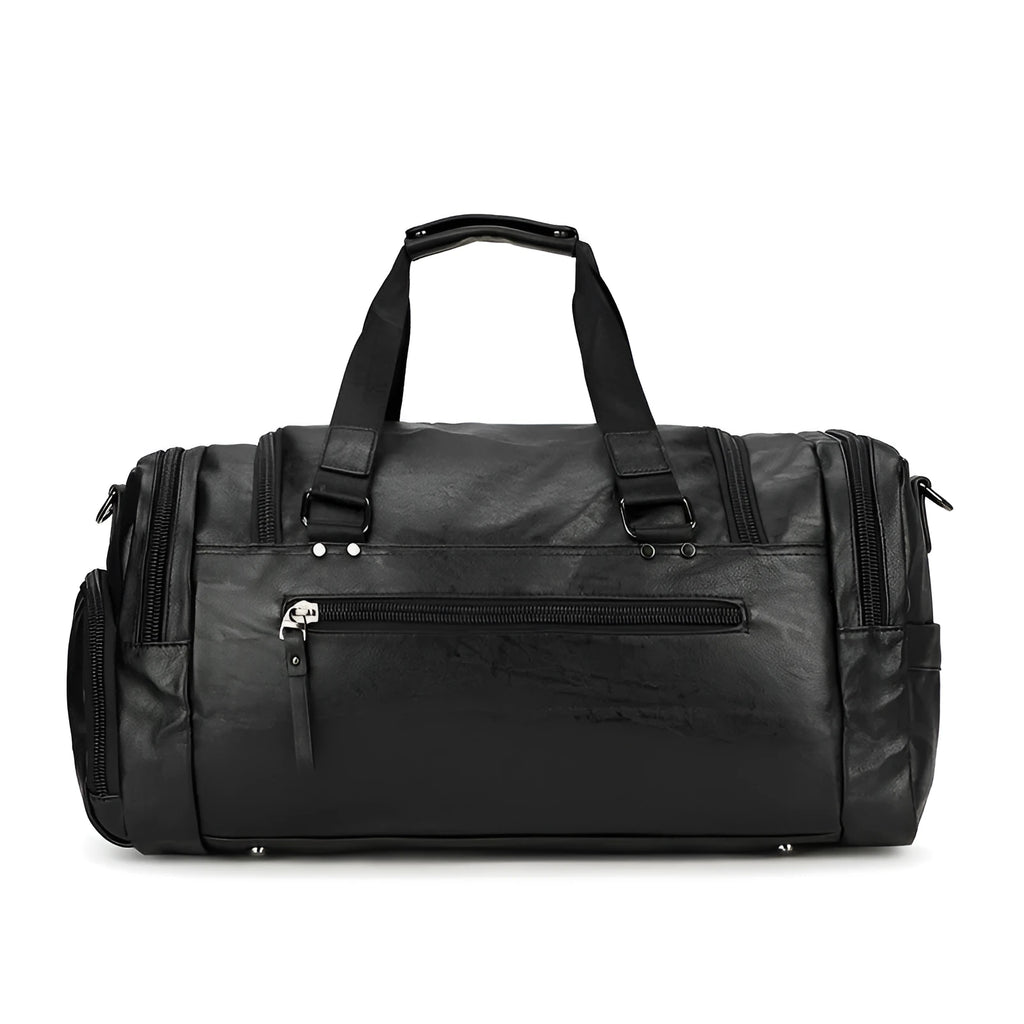 Large black travel shoe bag with water-resistant PU fabric measuring 52cm wide
