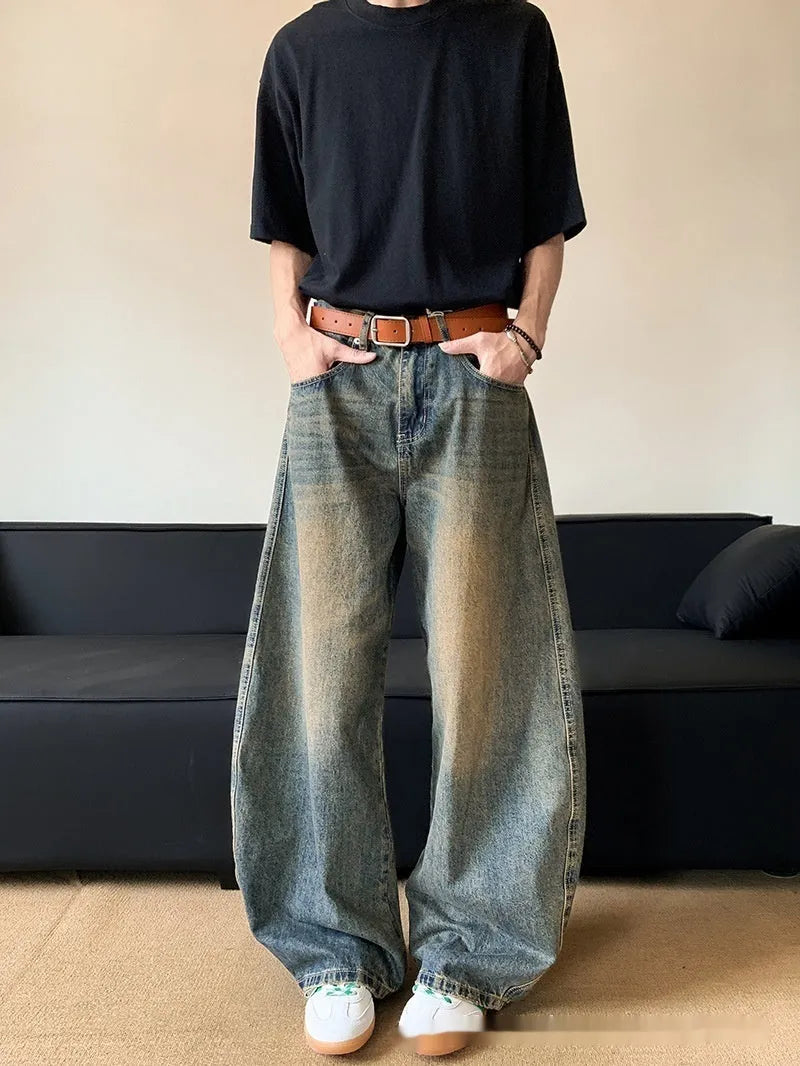 Men's retro blue distressed denim wide-leg trousers with slimming fit and mid-rise waist