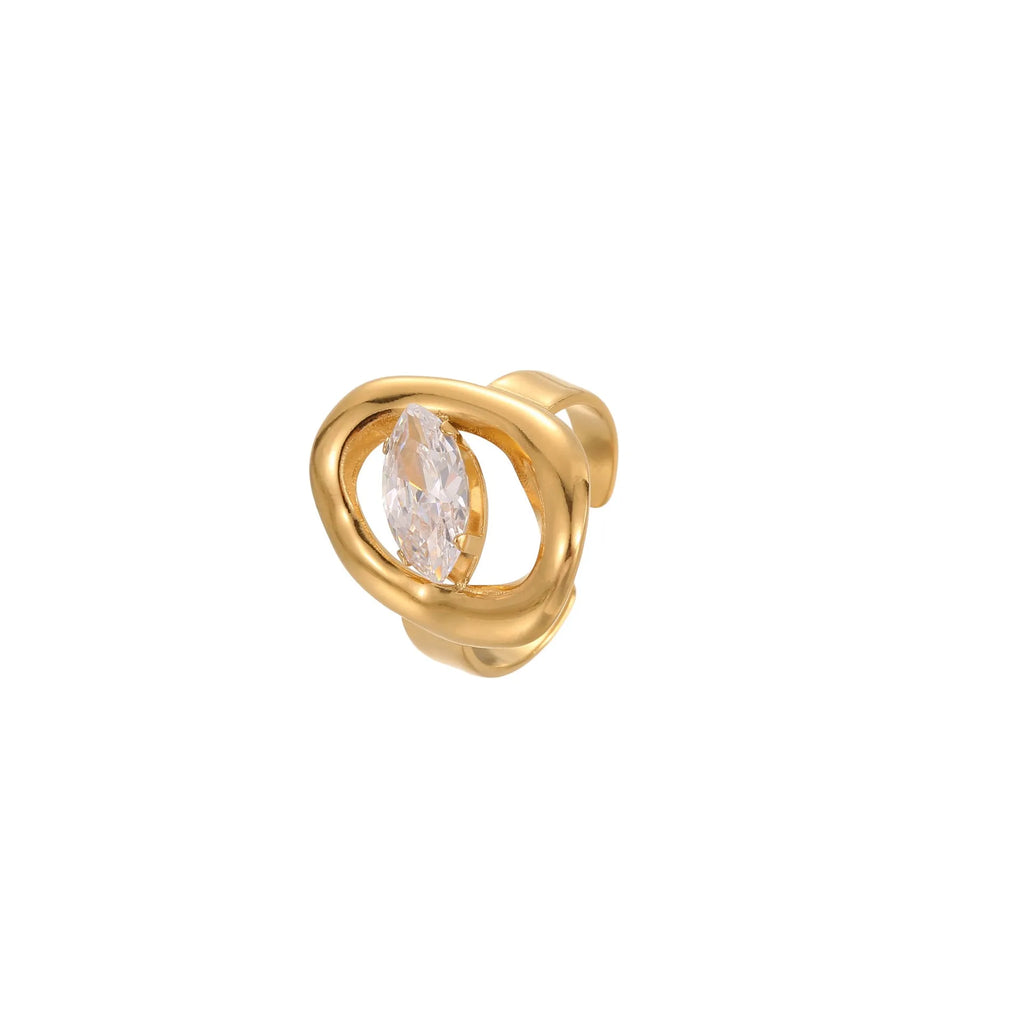 Geometric open mouth zircon ring in stainless steel with adjustable free size design