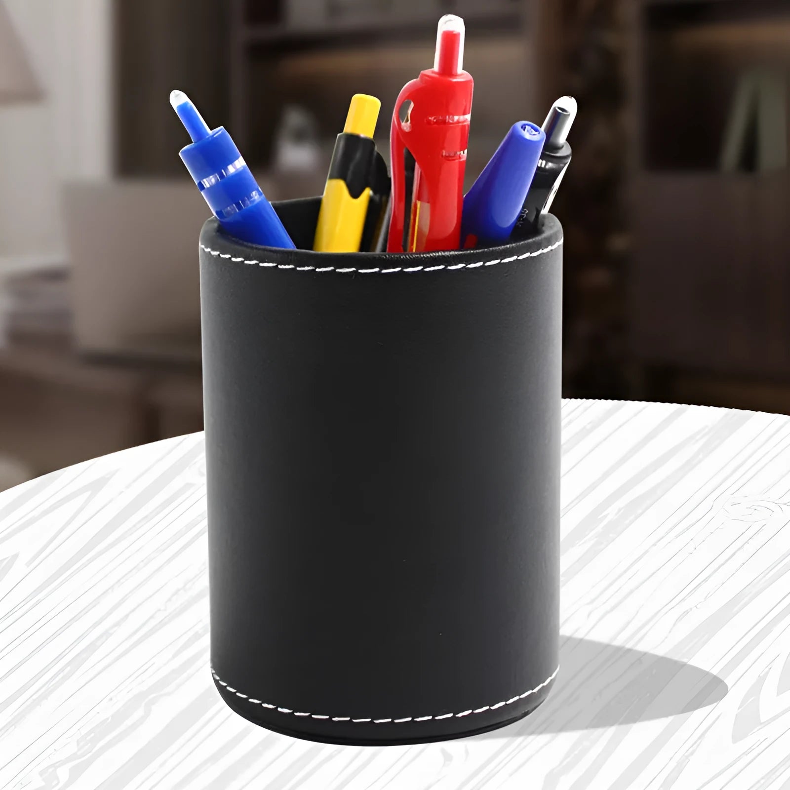 Round black leather pen holder container showing 8.0cm diameter and 10.8cm height dimensions