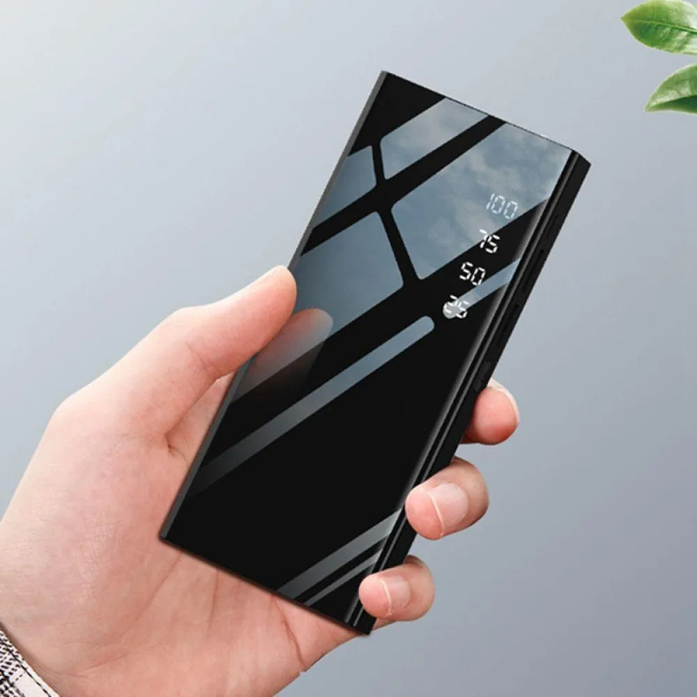 20000mAh power bank with LCD display showing battery percentage, dual USB ports, and compact black design