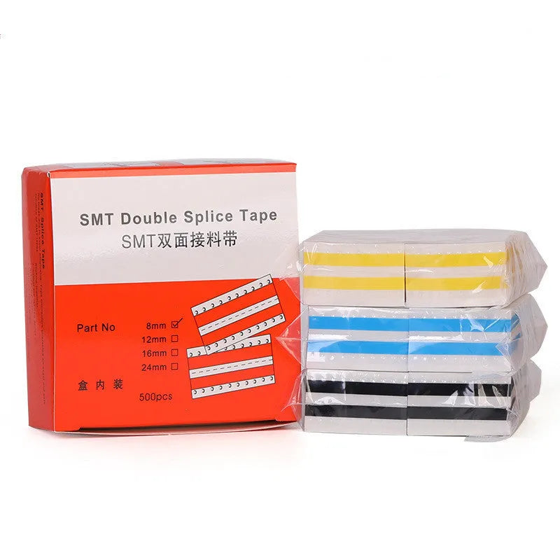 Reels of yellow, black, blue, and Nitto gum coloured SMT double-sided splicing tape in 8mm, 12mm, 16mm, and 24mm widths.