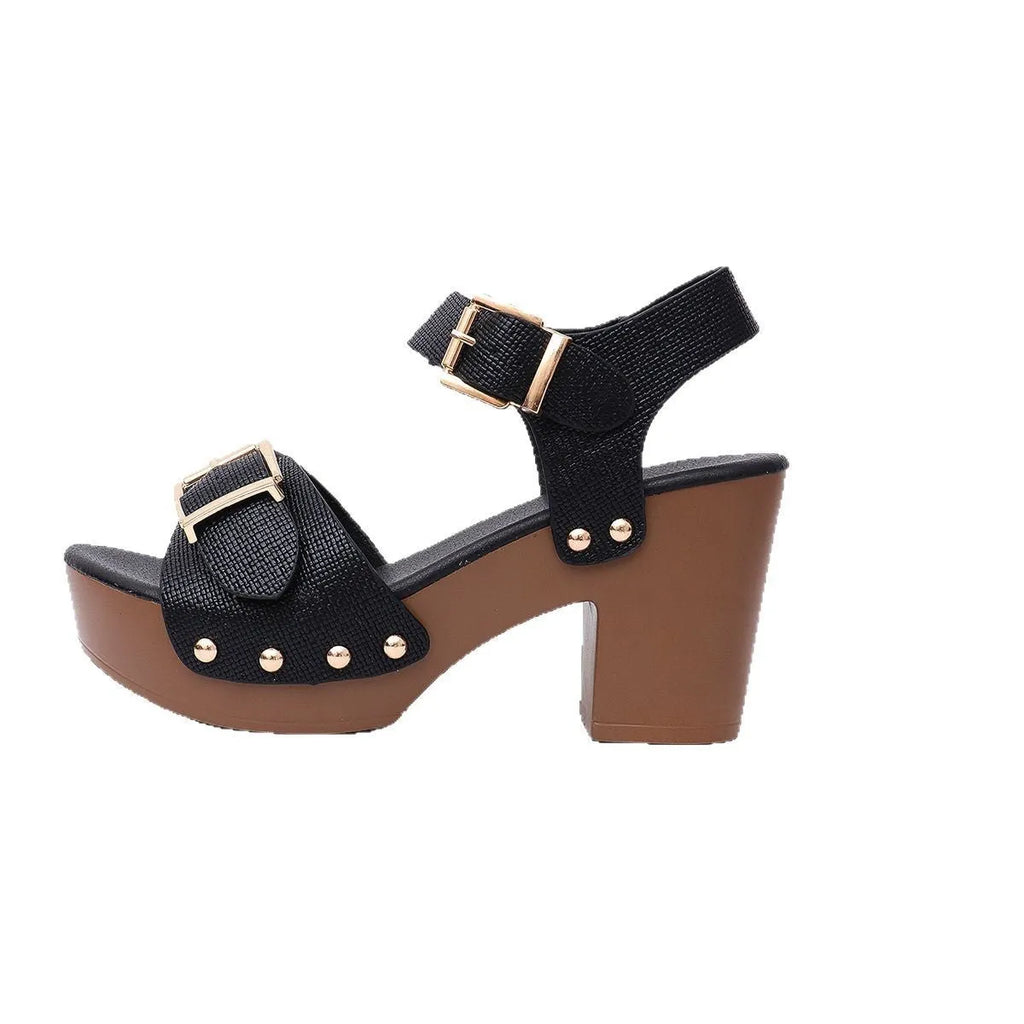 Women's plus size high heel sandals with buckle rivet closure in beige colour