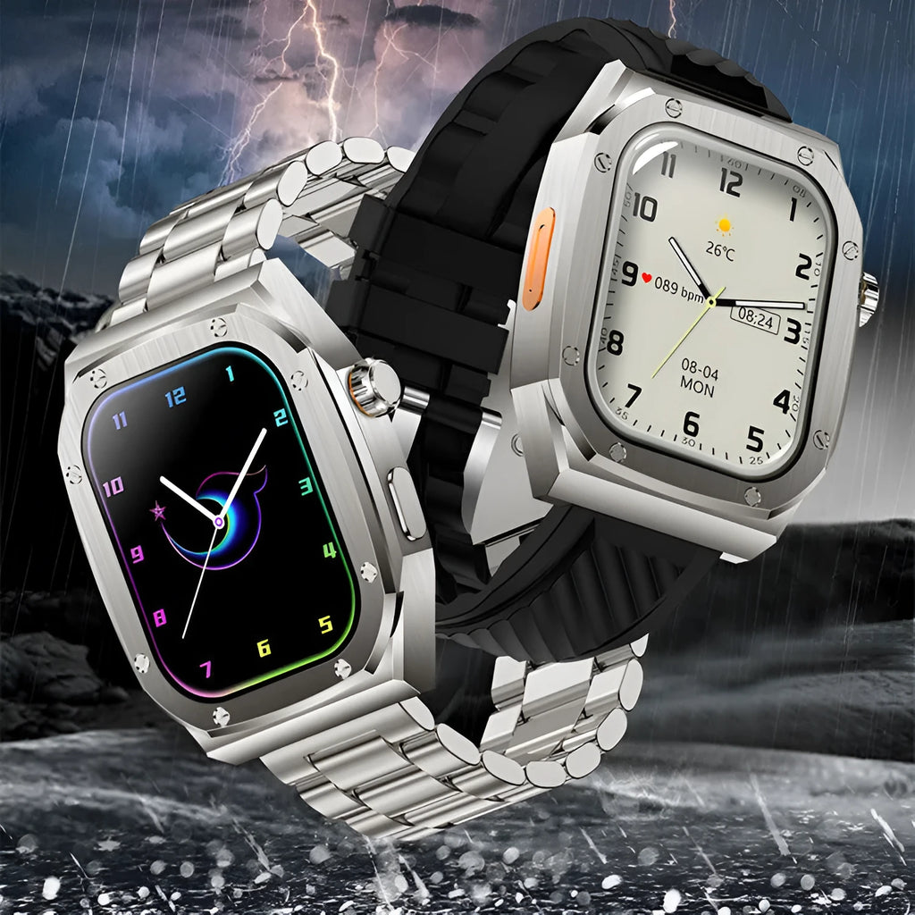 Steel case double strap sports watch in black with Bluetooth calling and NFC functions