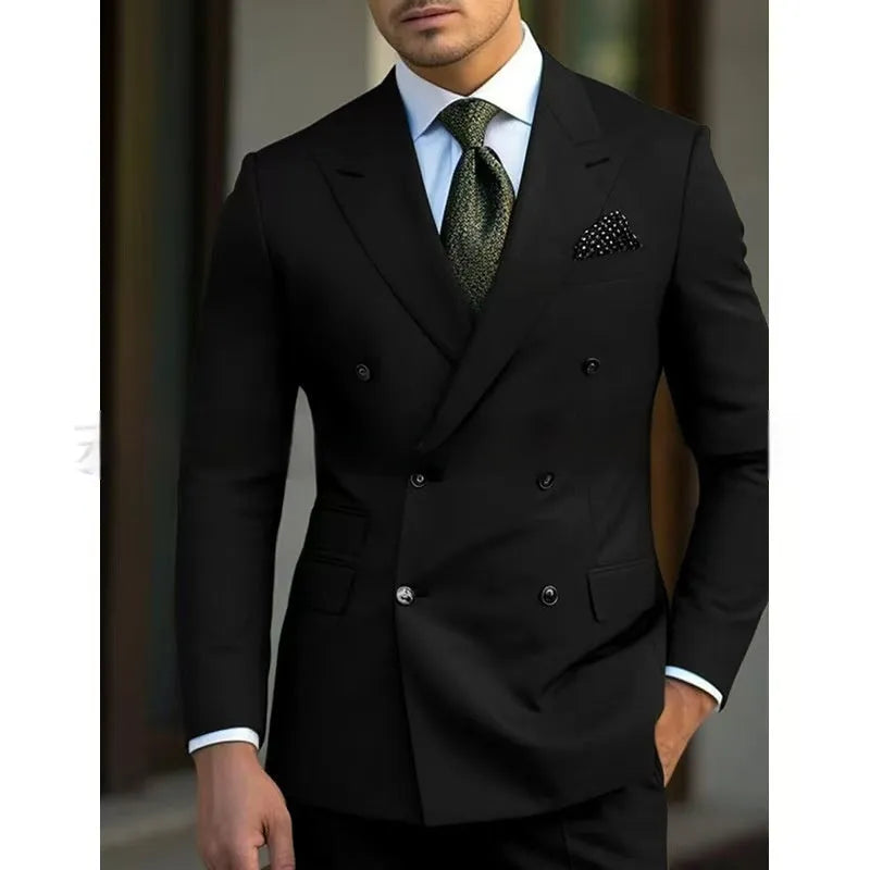 Men's light business style two-piece suit jacket and trousers on a hanger.