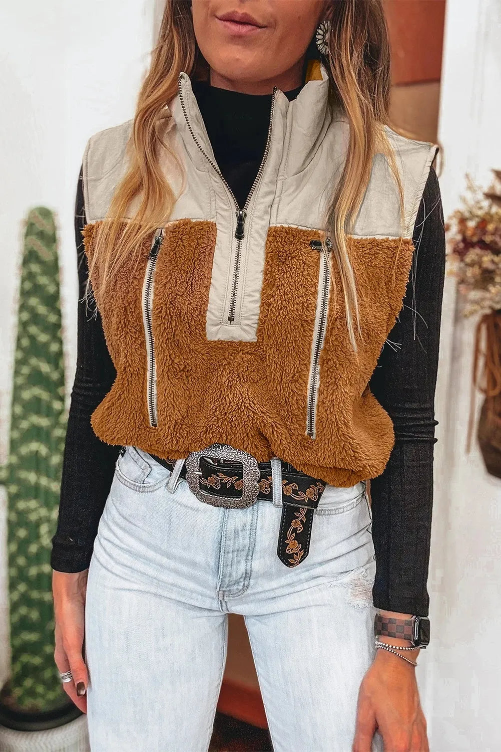 Women's casual maroon polyester vest with stand collar and stitching details