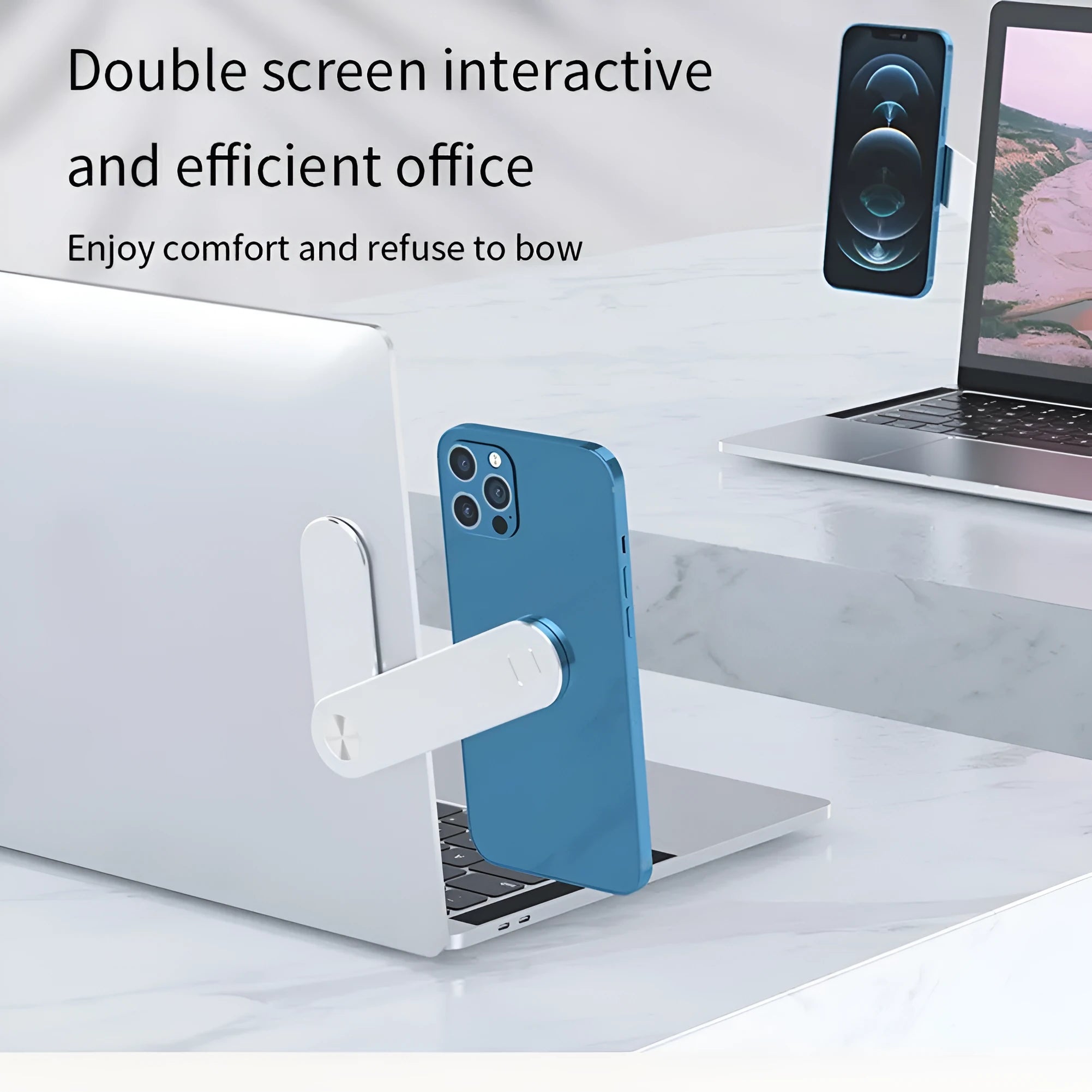 Black aluminium laptop phone holder with magnetic mount attached to monitor