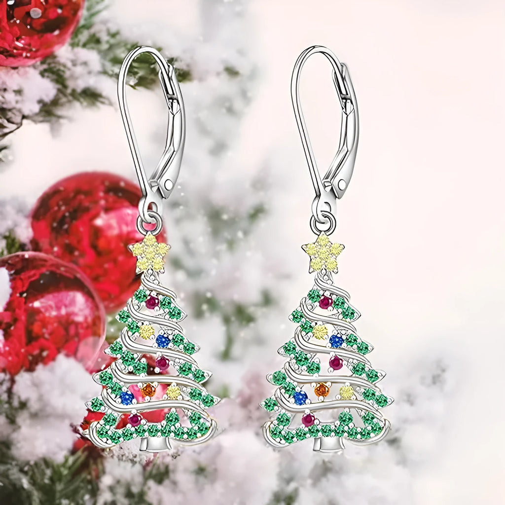Women's Christmas tree pendant earrings in white gold colour with star detail and copper construction