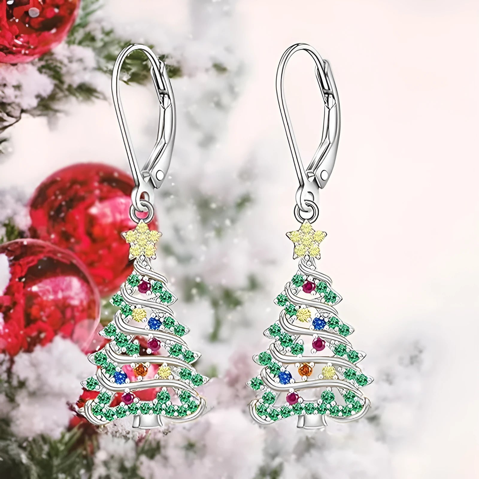 Women's Christmas tree pendant earrings in white gold colour with star detail and copper construction