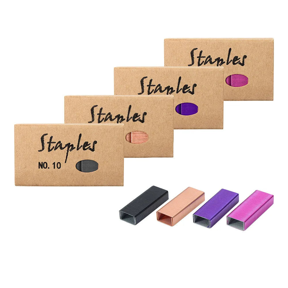 Box of 1000 metal stitching needles in rose gold, black, purple, and rose red colours for office use