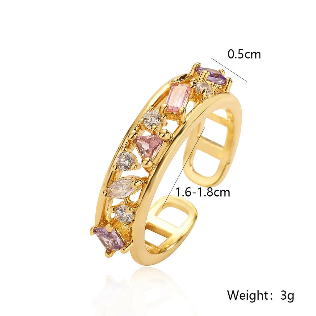 Women's adjustable copper ring with 18K gold plating, geometric shape, zircon and pearl accents, micro inlay finish
