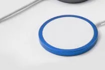 Magsafe magnetic wireless charger for iPhone in silver, black, blue, or red with USB cable