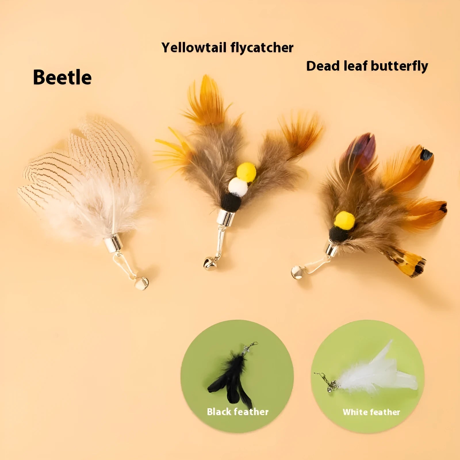 Three steel wire cat toy replacement heads with small flying insect designs