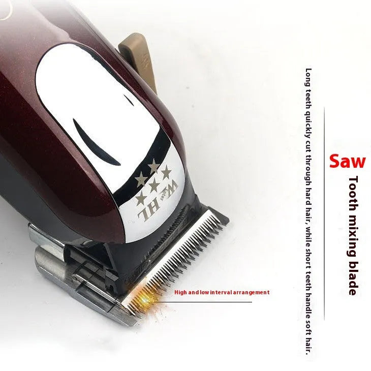 Charging hair clippers set with multiple plug adapters on a table.