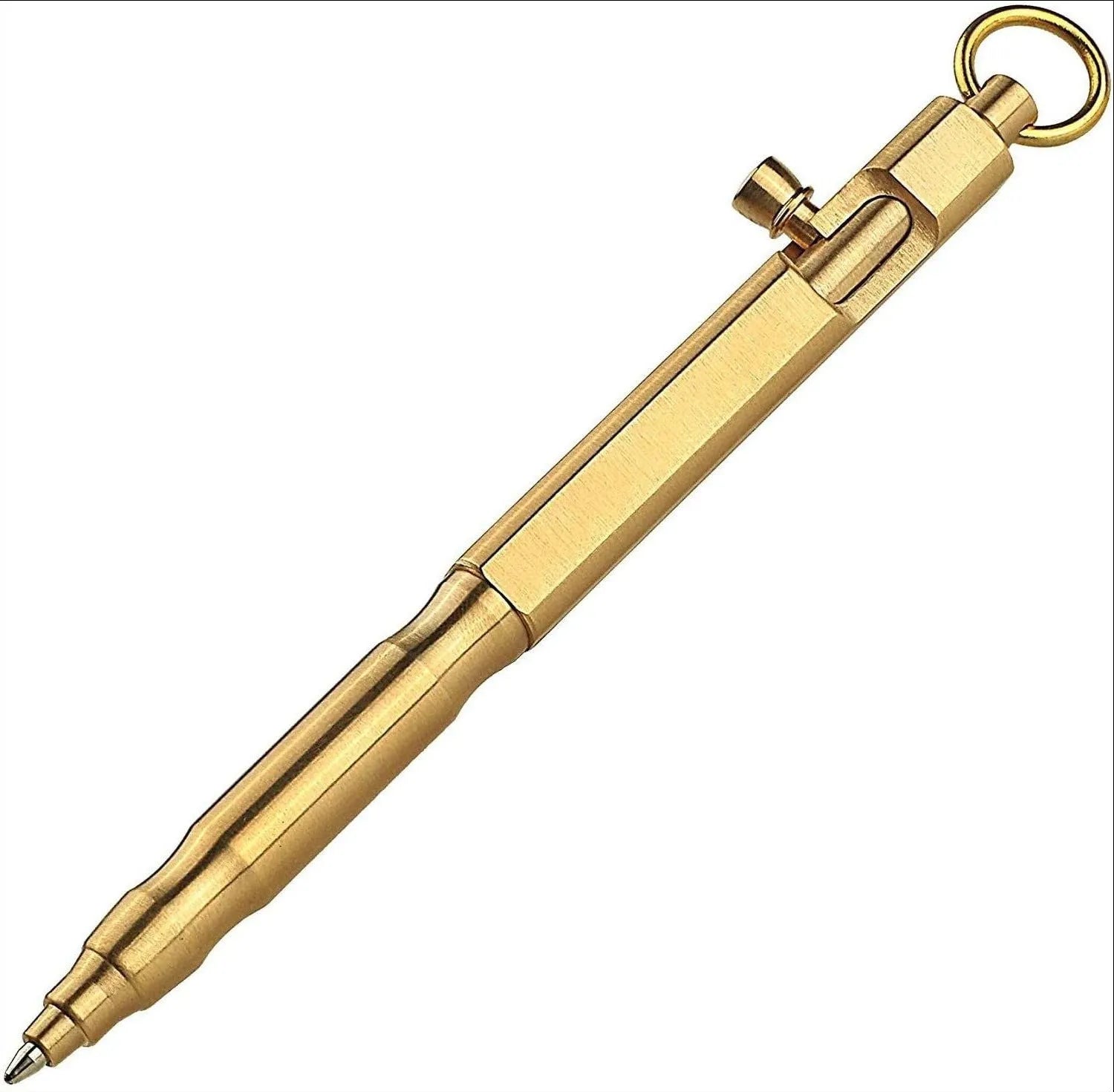 Brass tactical pen with hexagonal machine gun bolt design measuring 13cm length