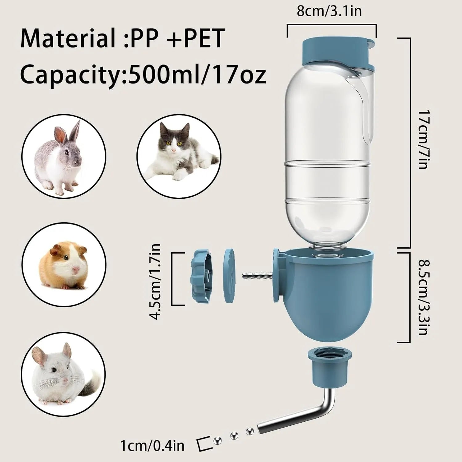 Blue small animal water bottle with rotatable nozzle attached to a cage, showing 500ml capacity.