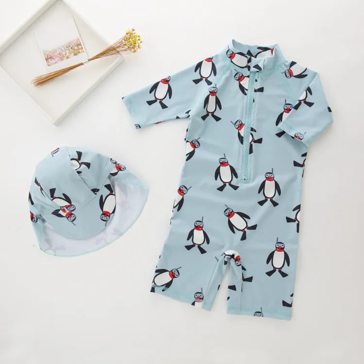 Boys penguin print long sleeve one-piece swimsuit with matching swim cap on size chart