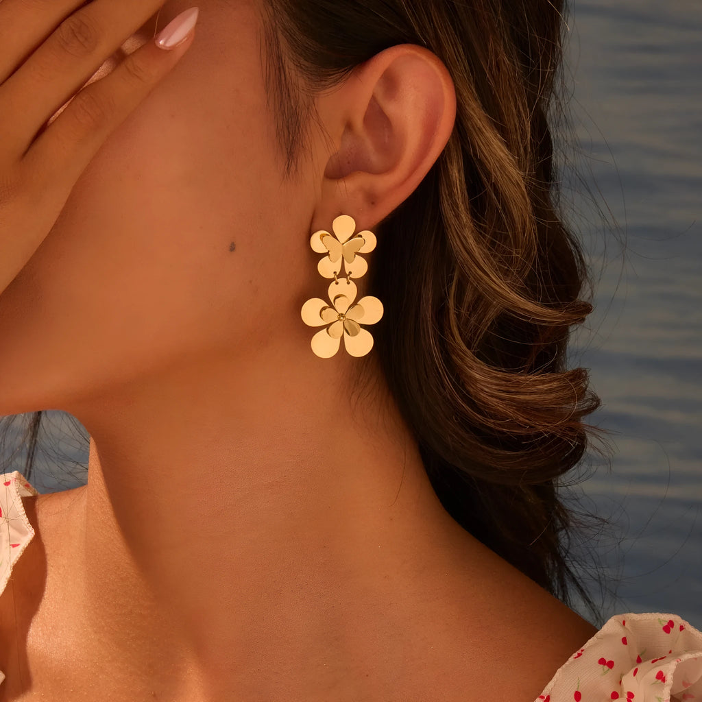 Gold electroplated stainless steel earrings with flower butterfly design for women
