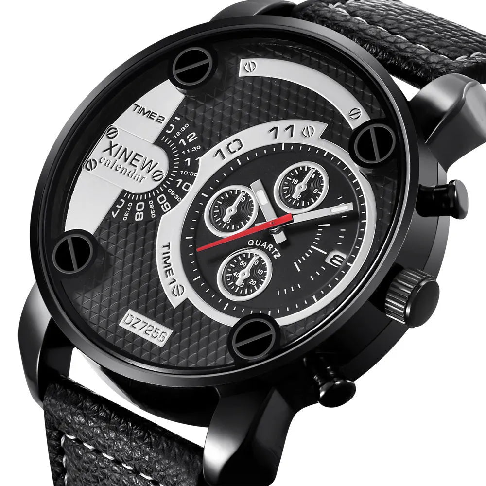 Mens big analogue wristwatch with leather strap and date window, 5cm dial, black colour option