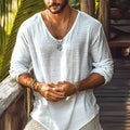 Beige V-neck long-sleeved T-shirt with slim fit made from hemp blend polyester fabric