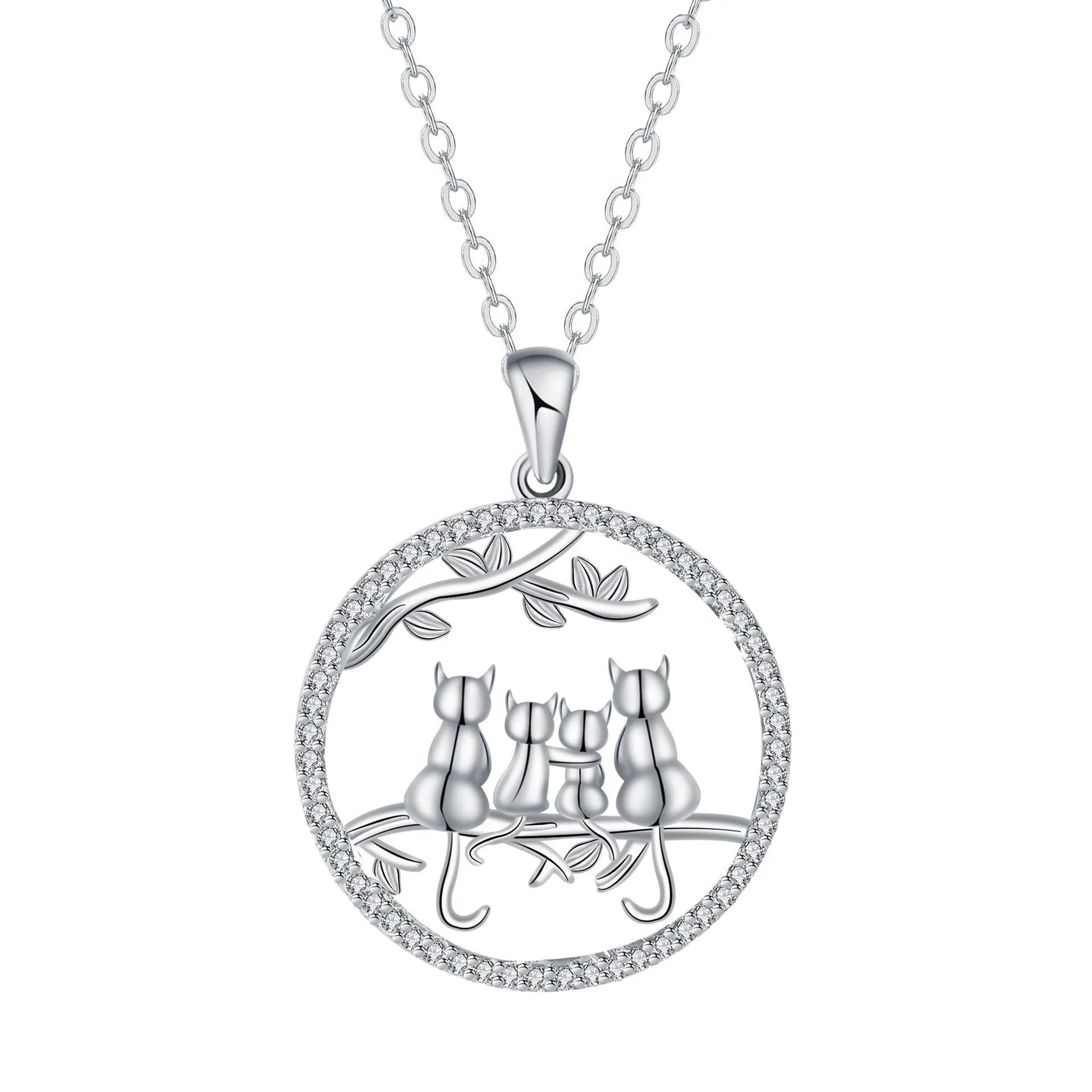 Copper necklace with a cat pendant on a cross chain, electroplated finish.