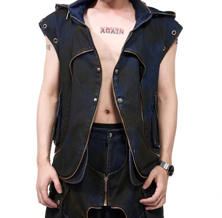 Blue Korean style hooded denim vest coat and matching trousers set on a hanger