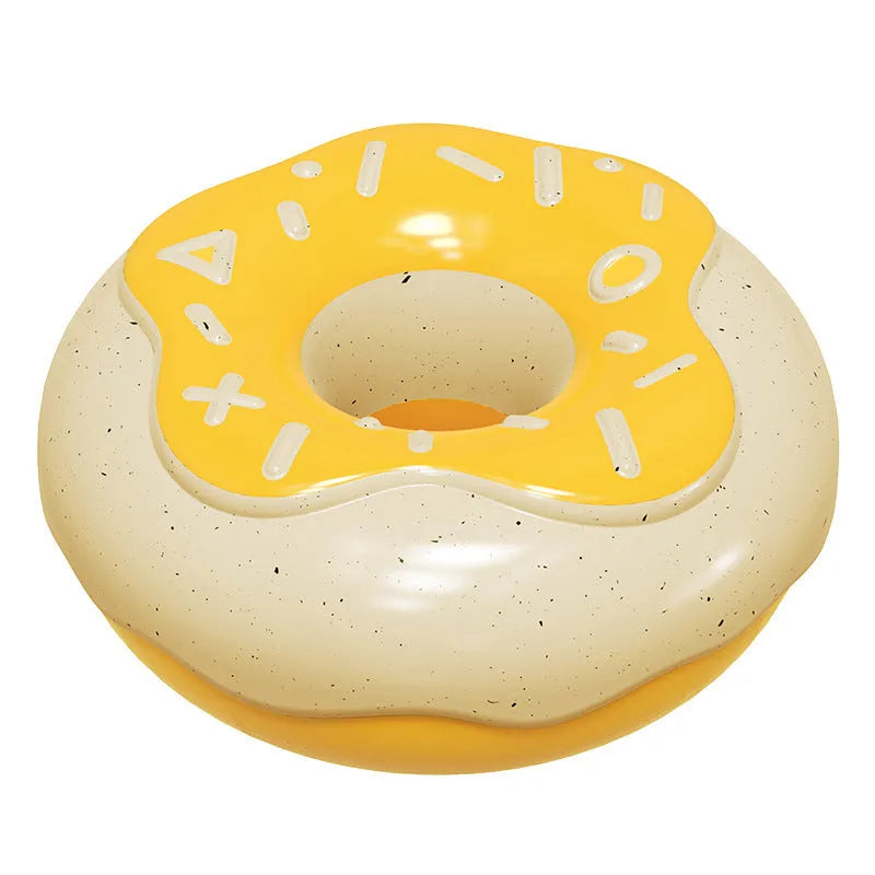 TPR molar cleaning donut dog toy in pink, chocolate and yellow colours showing textured surface