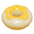 TPR molar cleaning donut dog toy in pink, chocolate and yellow colours showing textured surface