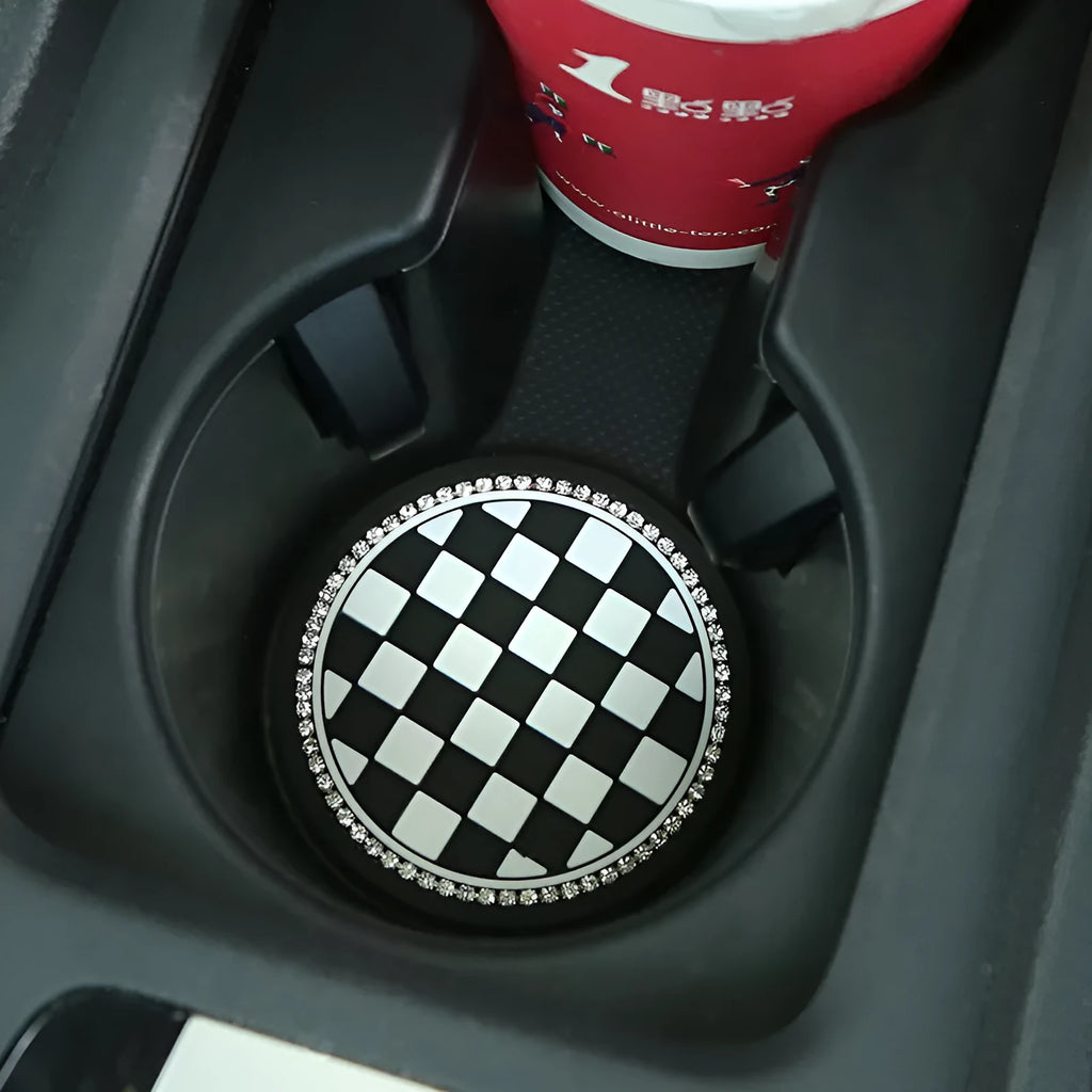 PVC plastic non-slip car cup holder mat coaster in checkerboard and camellia patterns