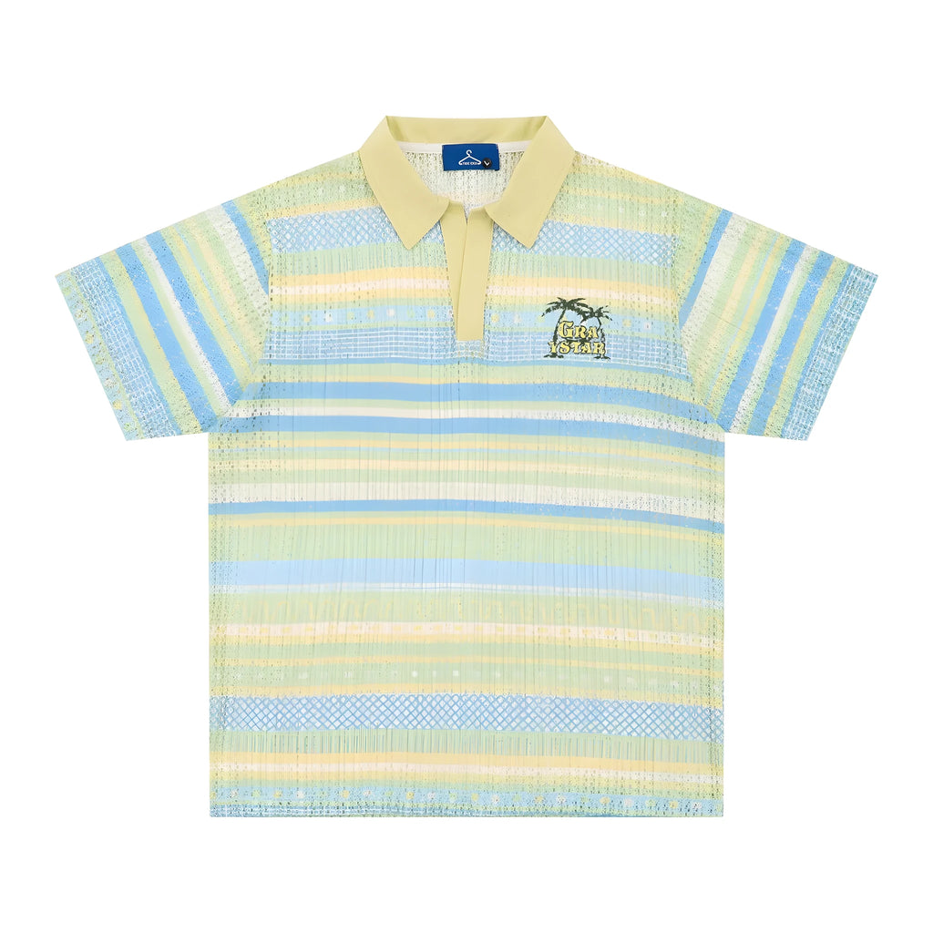 Men's blue printed short sleeve shirt with elastic fabric on display
