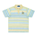 Men's blue printed short sleeve shirt with elastic fabric on display