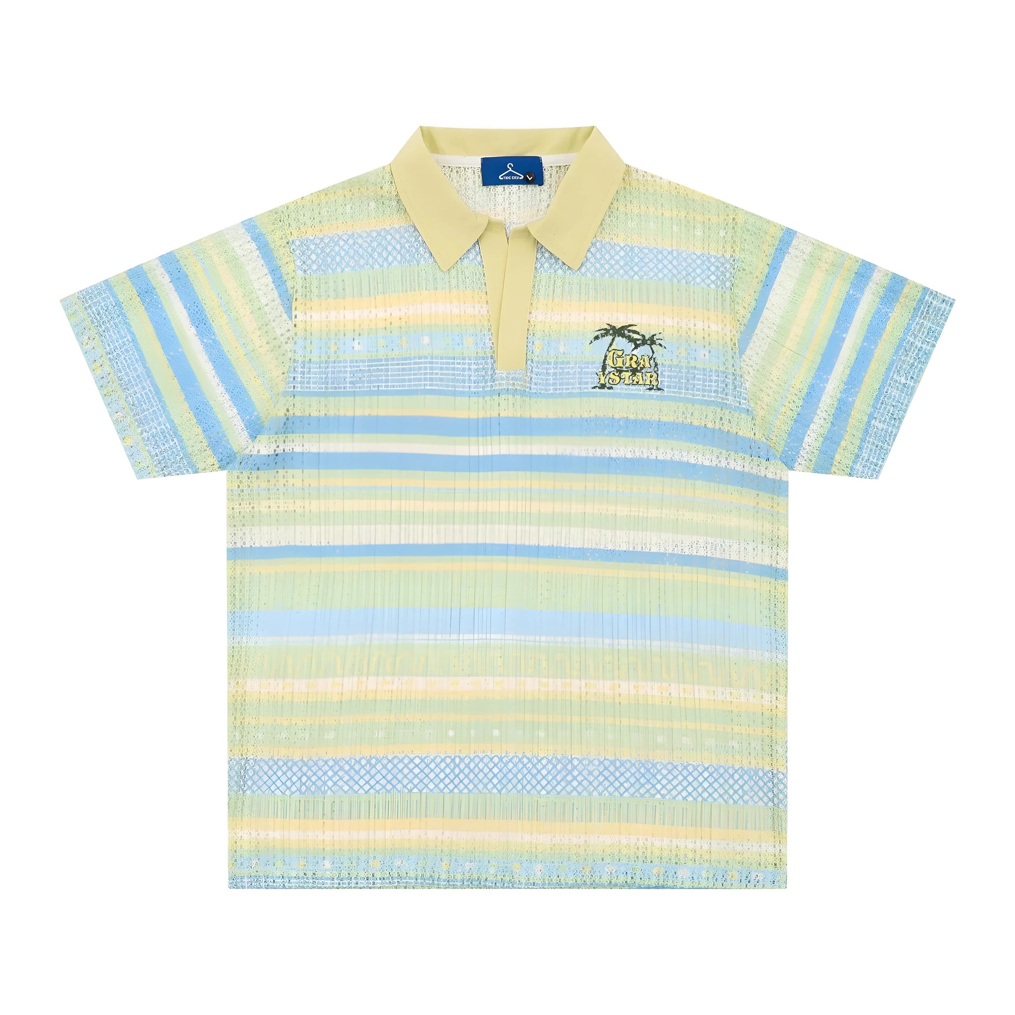 Men's blue printed short sleeve shirt with elastic fabric on display