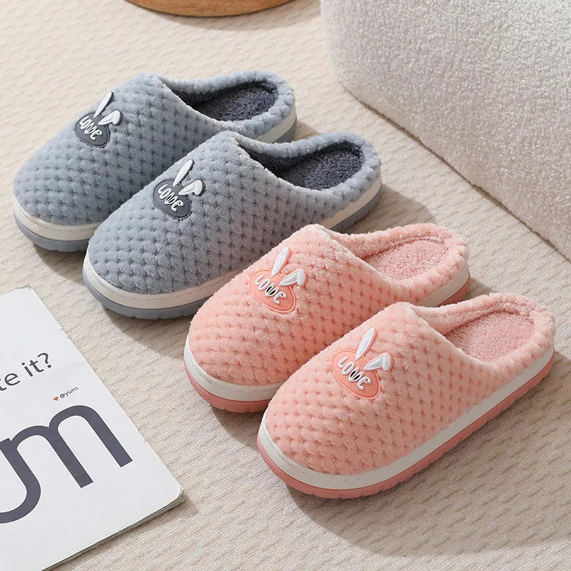 Women's plaid rabbit design artificial fur house slippers with a thick rubber sole, shown in multiple colour options.