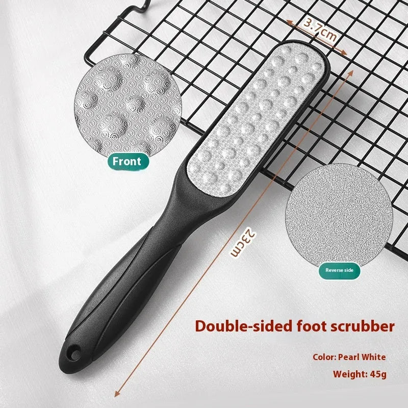 Stainless steel double-sided foot grinder for callus removal, shown in black and white colour options.