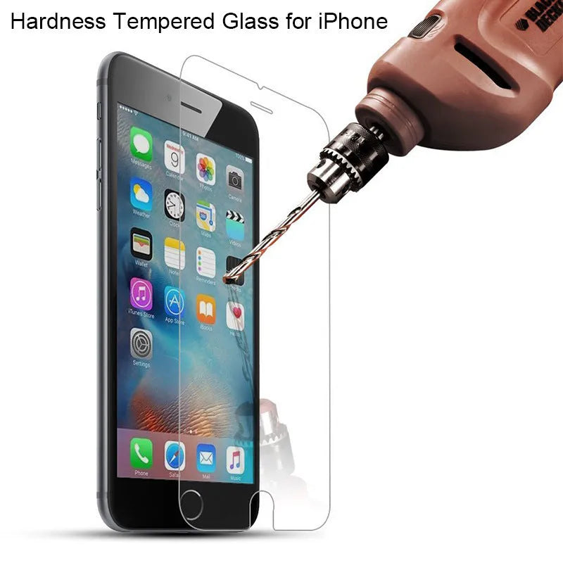 Transparent tempered glass screen protector for iPhone on a white background