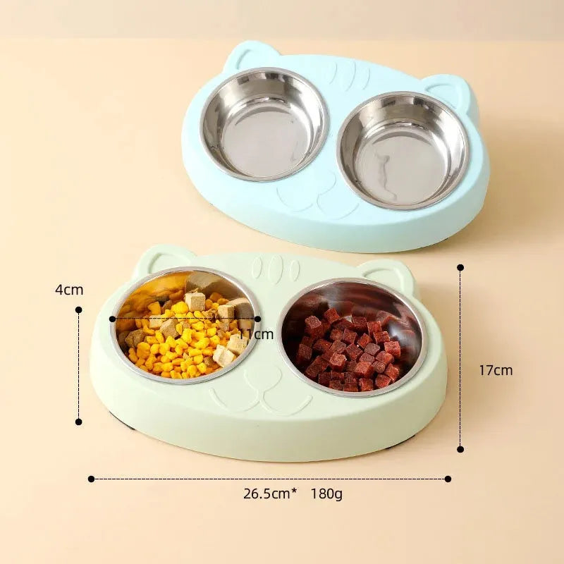 Blue macaron-shaped plastic pet feeder with two bowls for cat or dog food and water