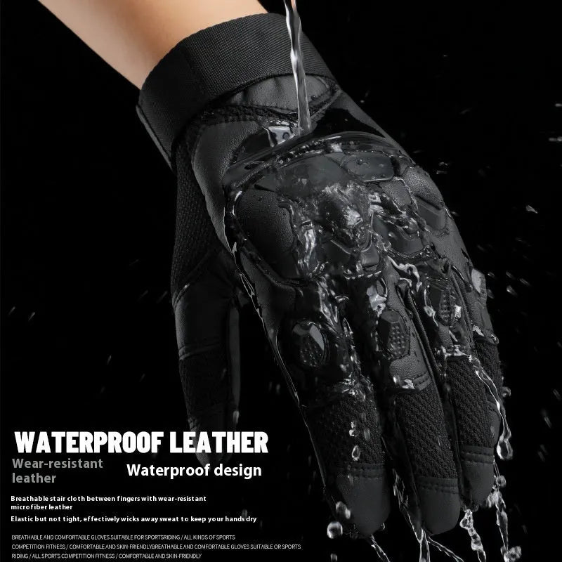 Men's black tactical full finger gloves with touch screen fingertips on a hand