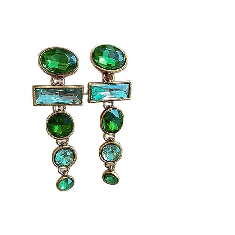Green zircon and gradient tassel geometric alloy earrings in a retro Chinese style.