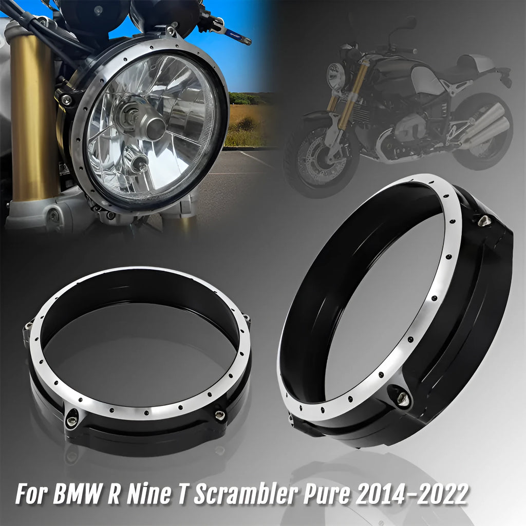 Black CNC aluminium headlight cover for BMW R Nine T Scrambler motorcycle