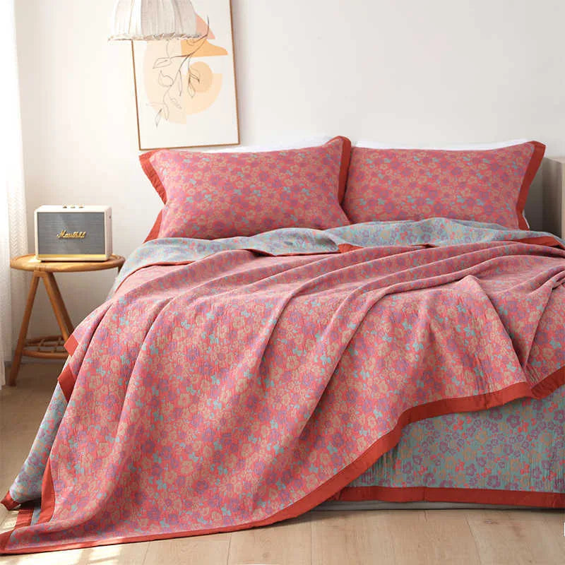 Cotton gauze bed blanket set with plant and flower pattern including blanket and two pillowcases
