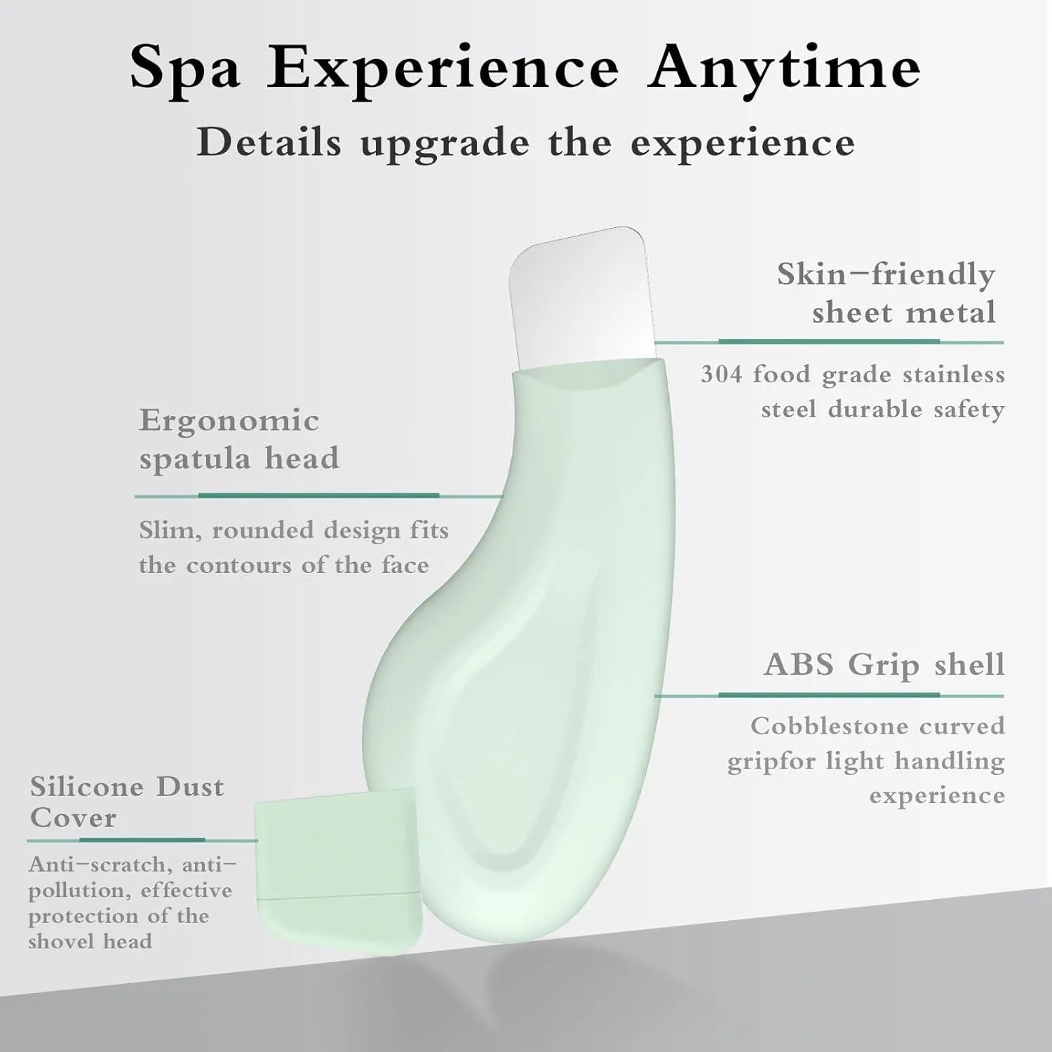 Green stainless steel blackhead scraper tool with a non-slip handle for facial pore cleaning.