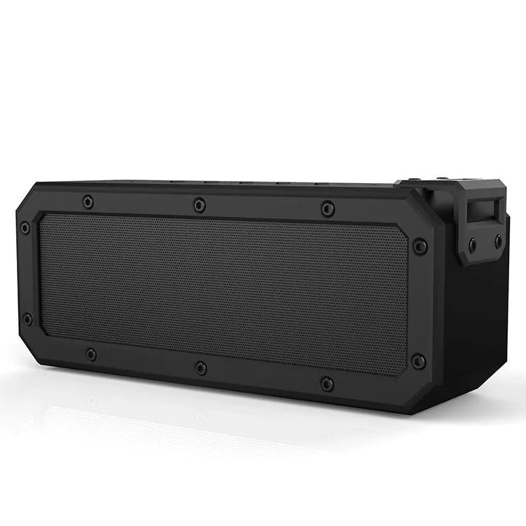 Black X3 PRO portable Bluetooth speaker with carrying rope, showing size relative to a hand.