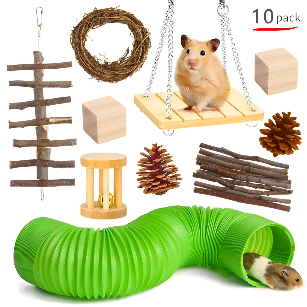 Assorted wooden chew toys and natural fibre balls for small pets like rabbits and guinea pigs