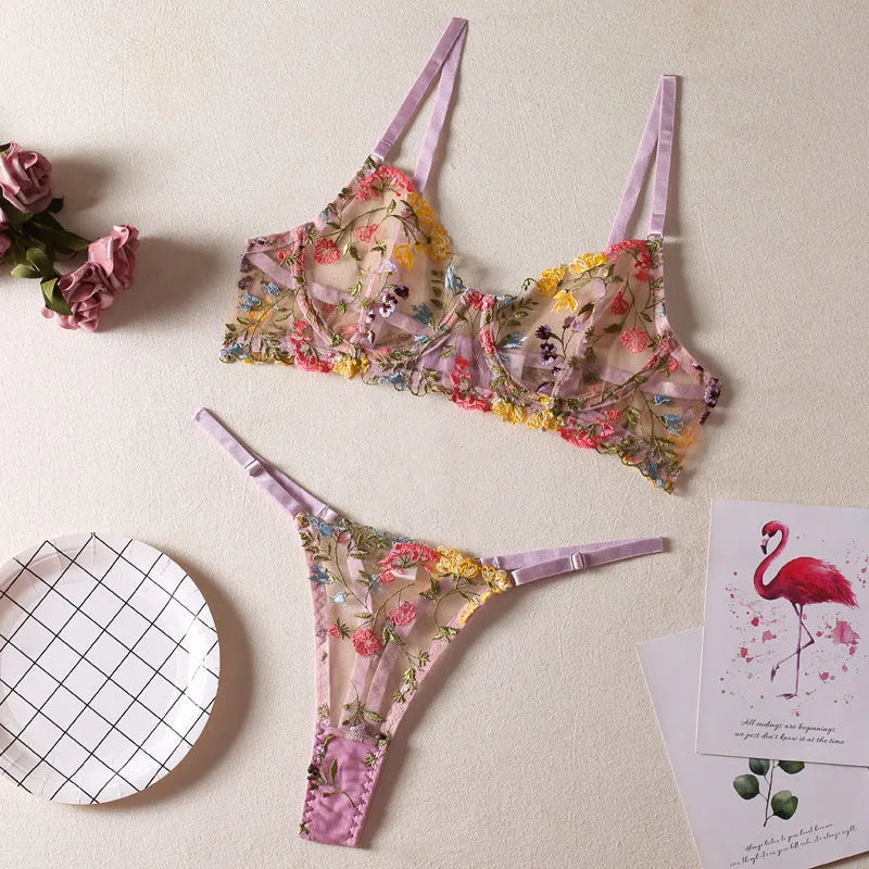 Floral mesh bra with steel ring T-back traditional underwear suit in multiple colours